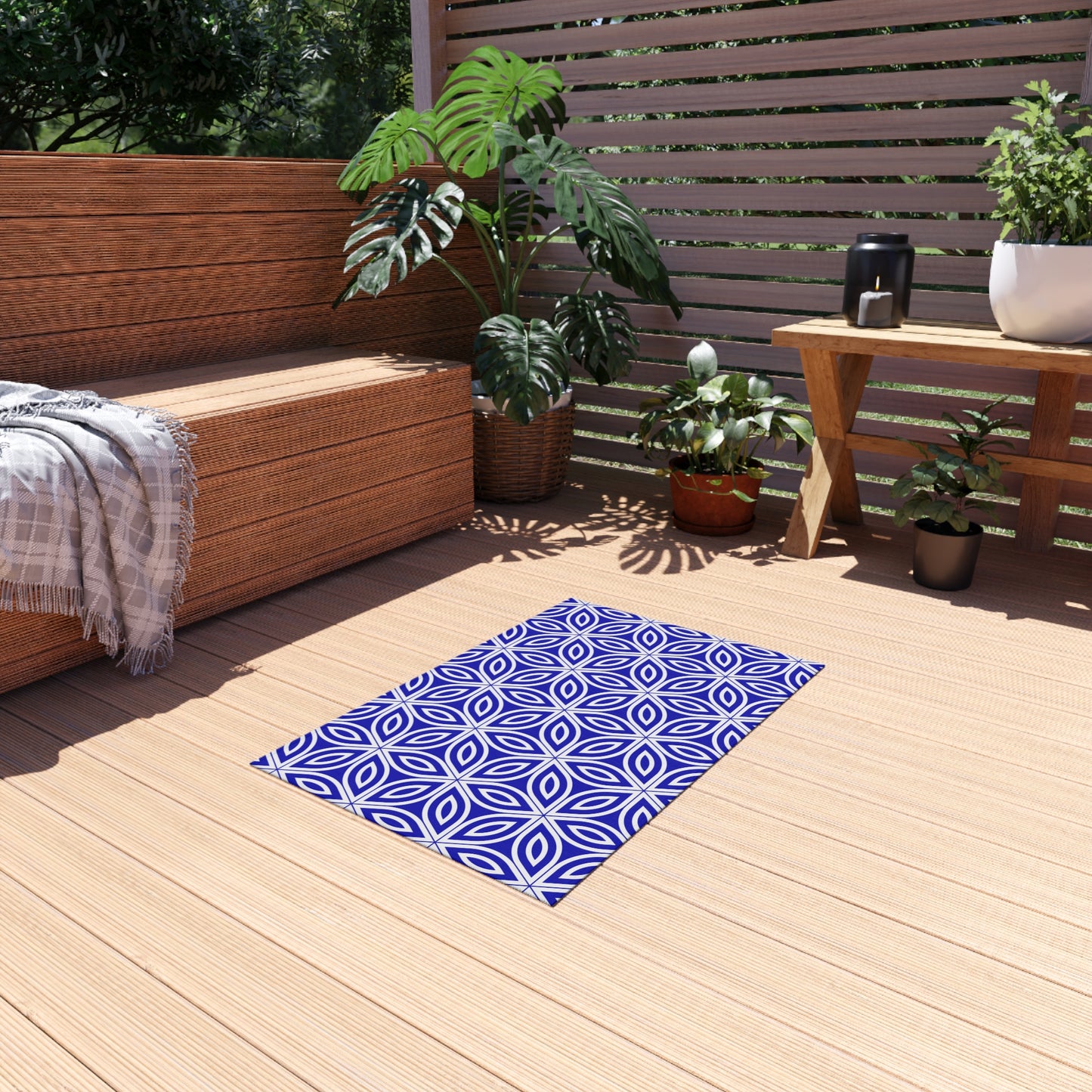 Royal Blue Geometric Floral Pattern Outdoor/Indoor Rug | Blue Petal Tile Design