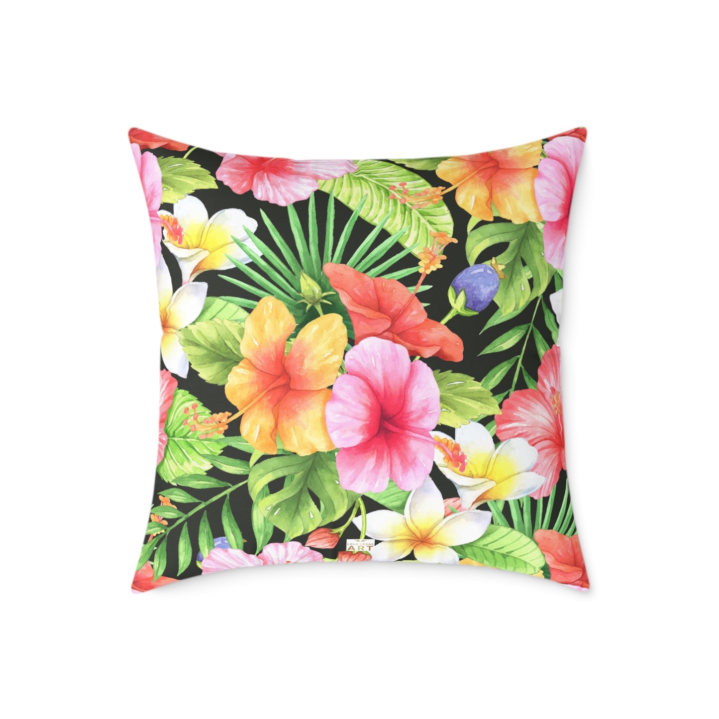 Tropical Pink Yellow Green Hibiscus Floral Square Pillow | Hawaiian Leaves Pattern