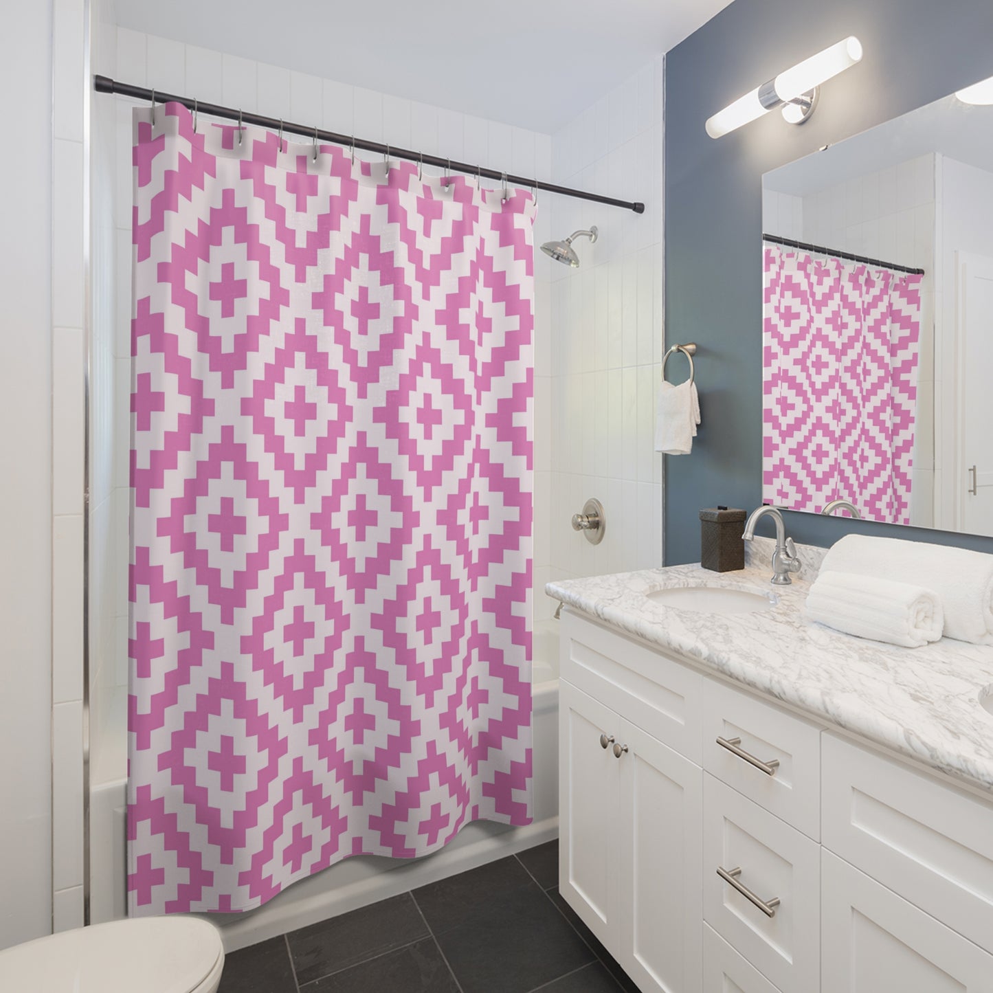 Pink White Geometric Diamond Pattern Shower Curtain | Pixel Boho Aztec Bath Decor