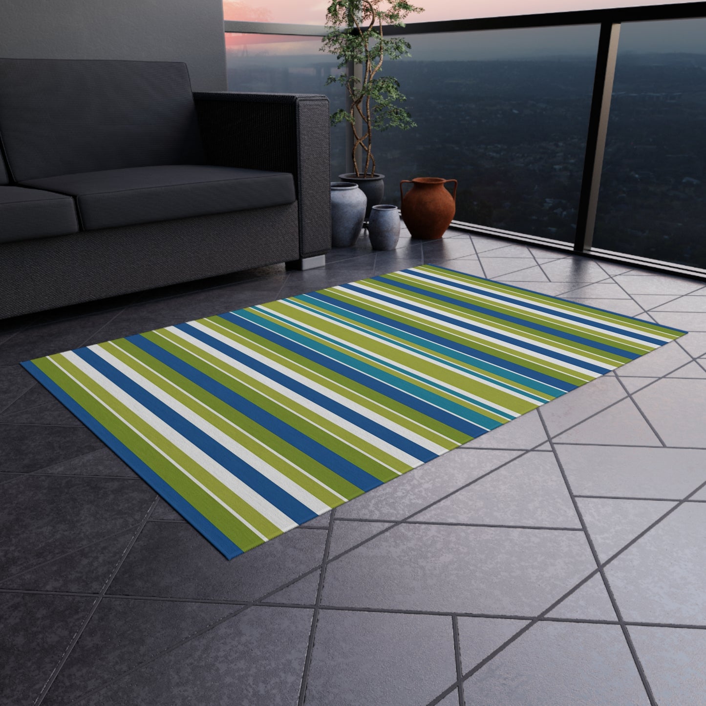 Blue Green White Stripe Outdoor/Indoor Rug | Patio Mat, Weather-Resistant