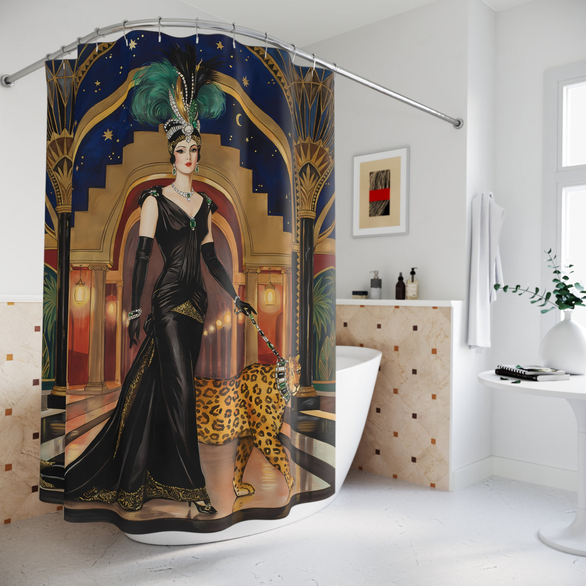 Art Deco Flapper with Leopard Shower Curtain | 1920s Gatsby Bathroom