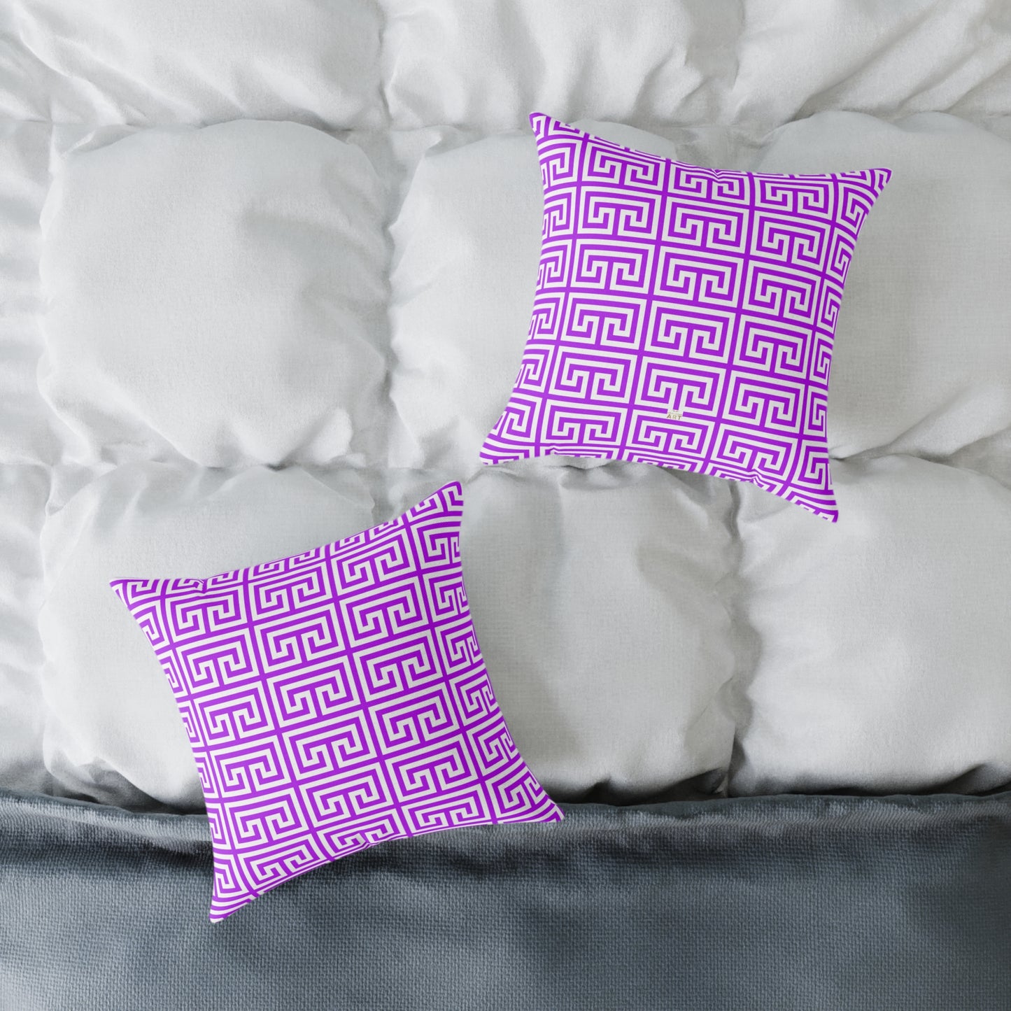 Geometric Purple White Greek Key Pattern Pillow | Square Poly Canvas Pillow