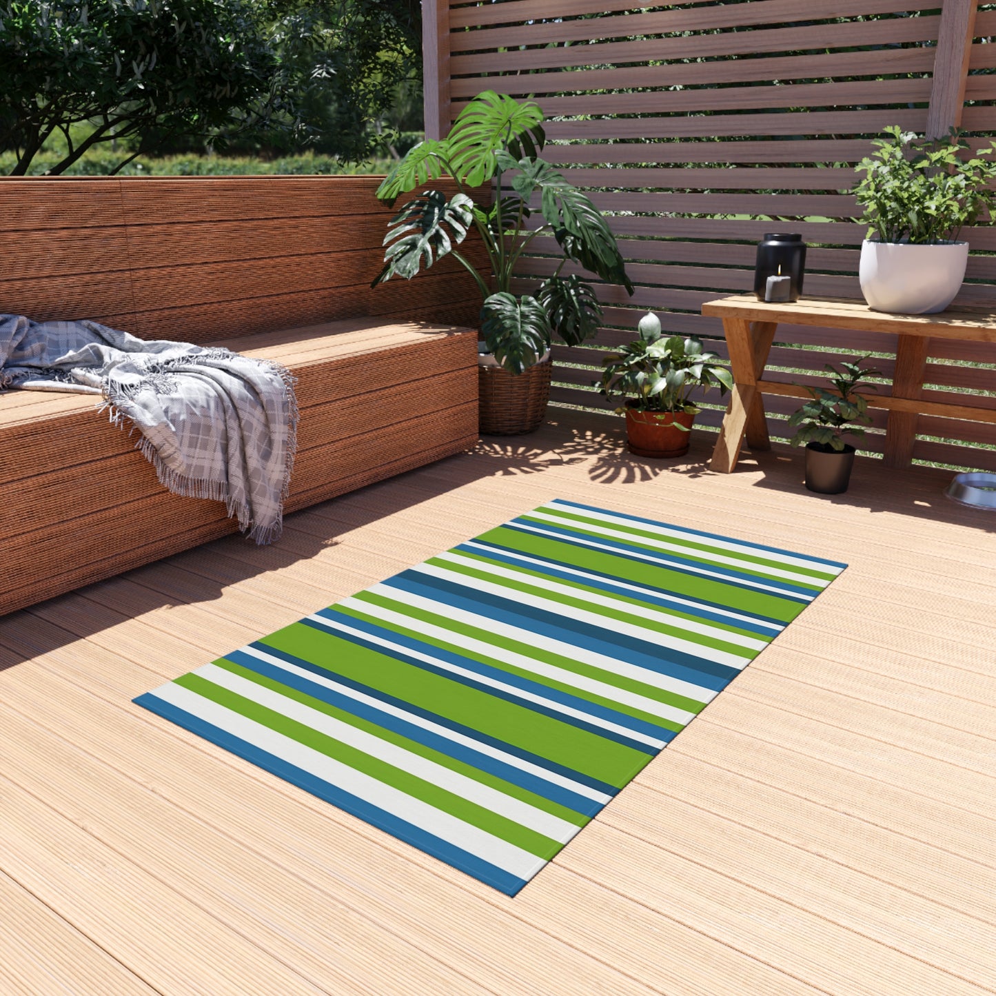 Blue Green Stripe Outdoor/Indoor Rug | Patio Mat, Deck Striped Rug