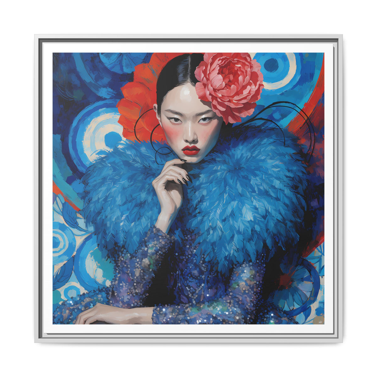 Floral-Femme Asian Woman Portrait Matte Canvas Framed Wall Art | Colorful Fashion Illustration