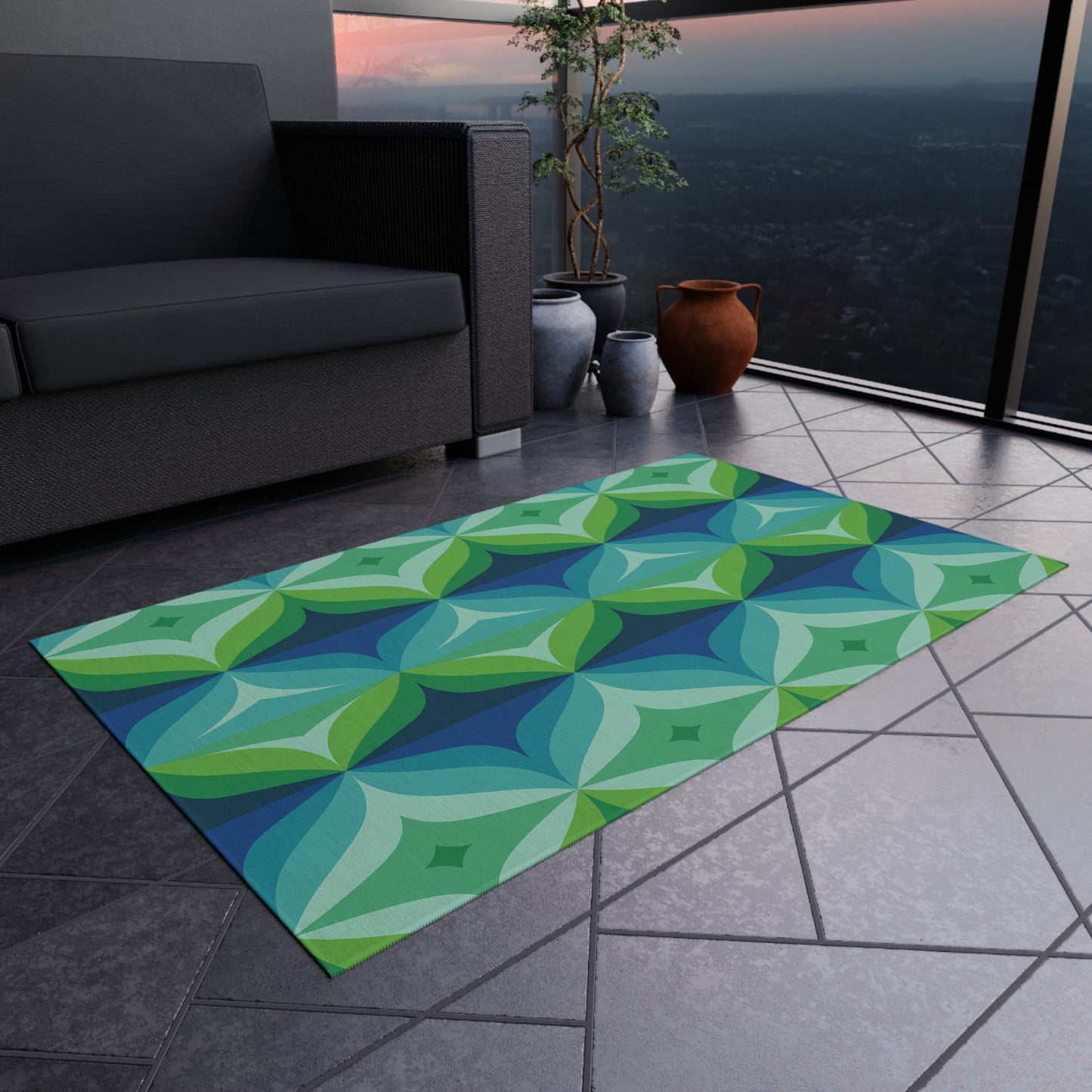 Geometric Leaf Pattern Outdoor/Indoor Rug | Blue Green Patio Mat