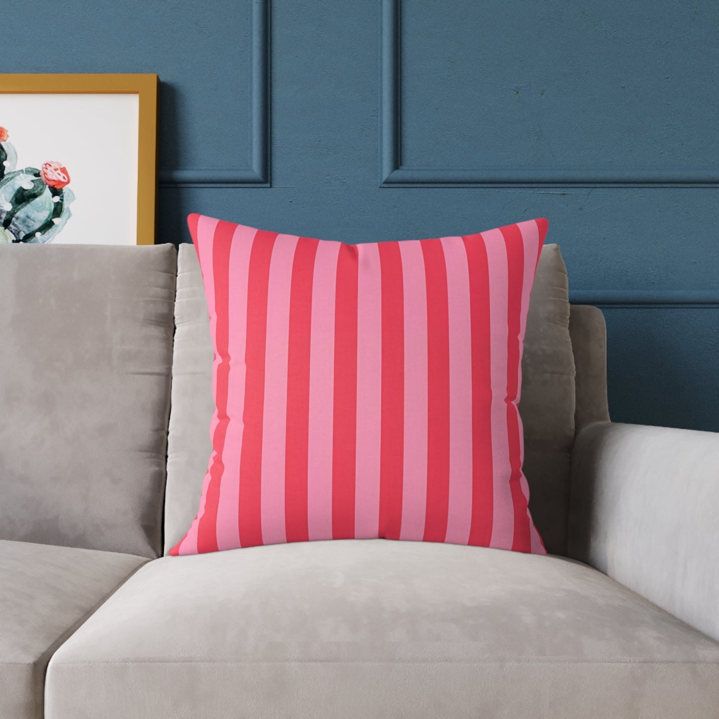 Light Pink and Watermelon Pink Vertical Stripes Pillow | Square Poly Canvas Pillow