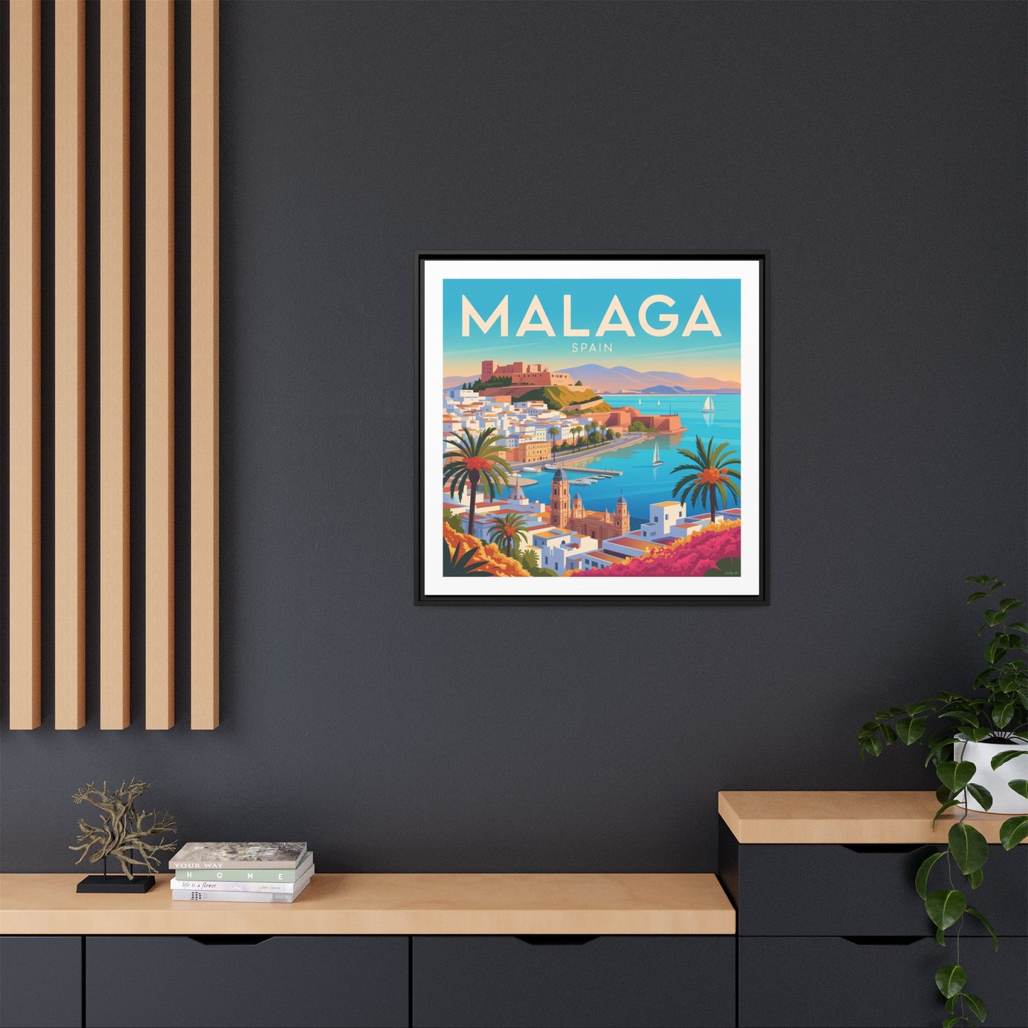 Malaga Spain Coastal  Matte Canvas Framed Wall Art| Vintage Style Travel Art