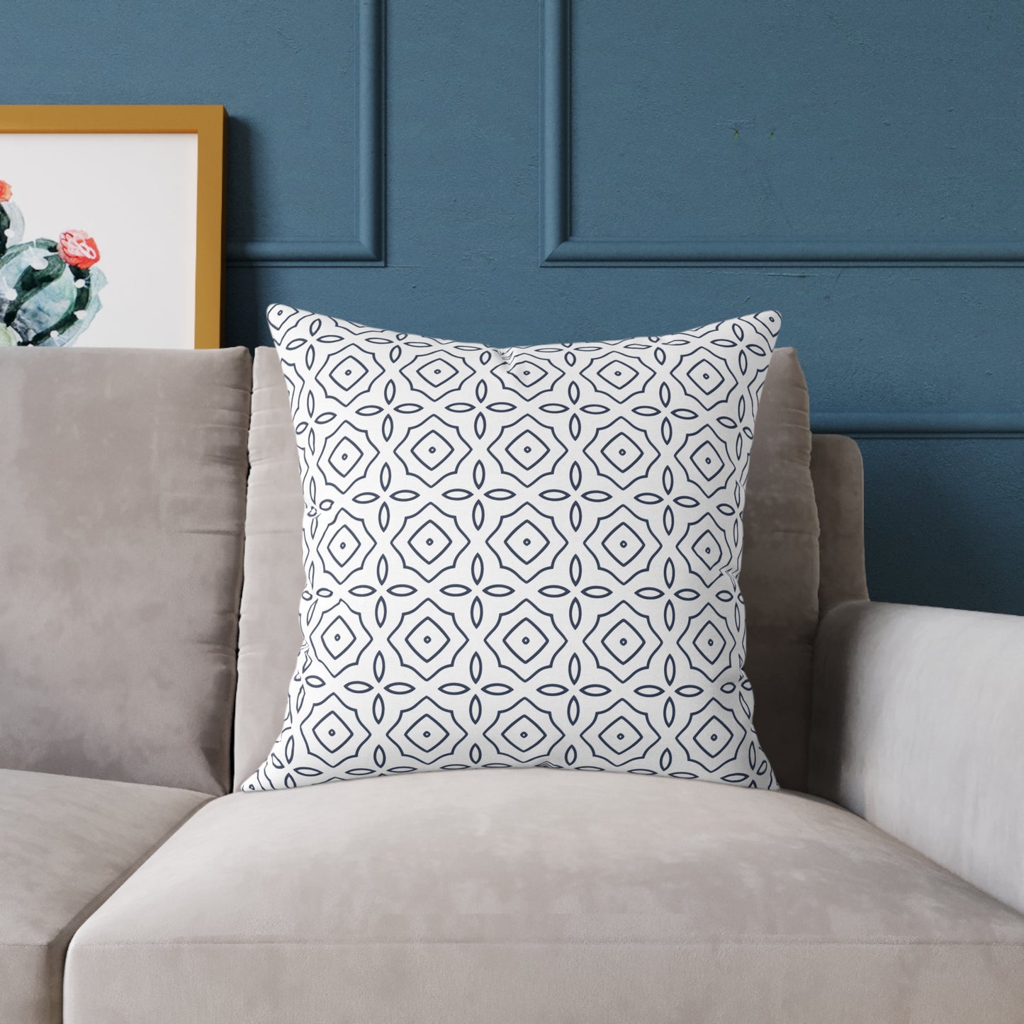Geometric Tile Pattern Square Pillow | Blue White Moroccan Motif, Decorative Cushion, Home Decor Accent, Gift for Housewarming, Sofa Decor