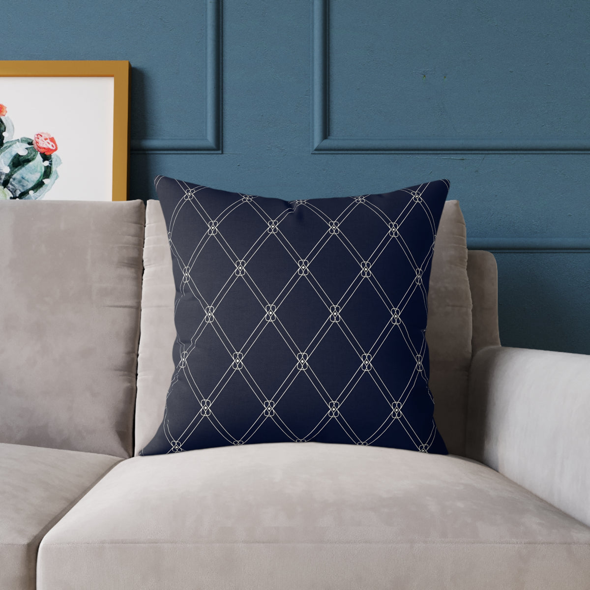 Navy  White Diamond Lattice Pattern Pillow | Square Poly Canvas Pillow