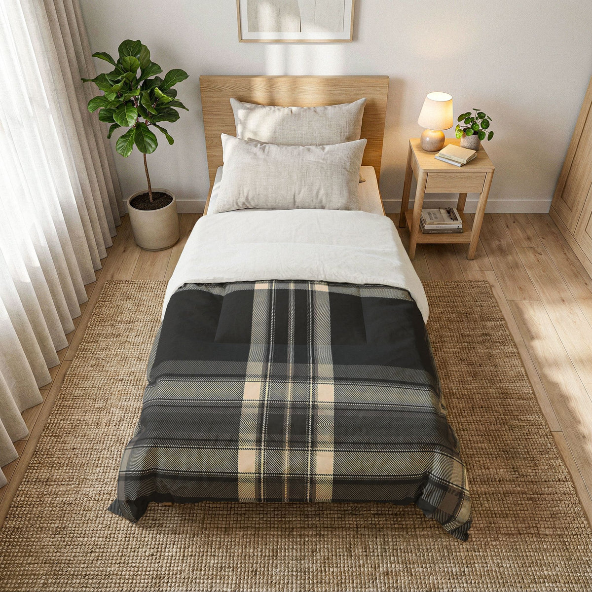 Black Beige Plaid Cotton Comforter | Neutral Check Bedding