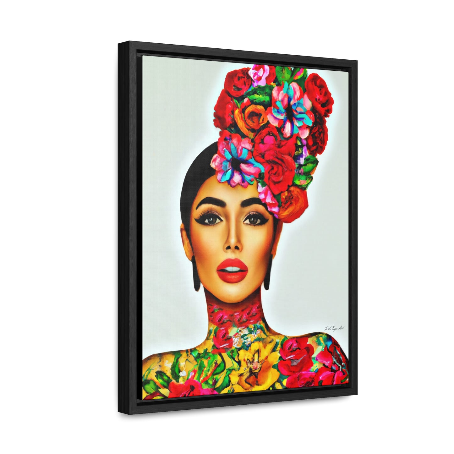 latina woman with tattoo's and flowers in her hair framed canvas wall art, boho wall decor, woman's decor, contemporary art, feminine art