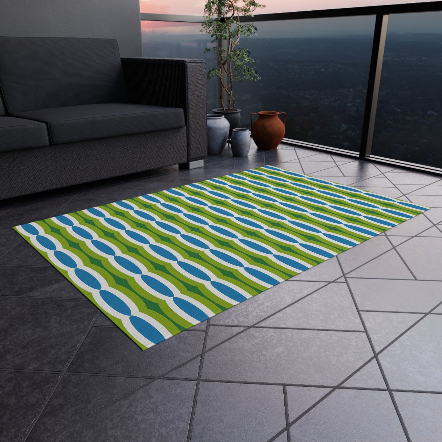 Blue Green Retro Geo Pattern Outdoor/Indoor Rug | Mid Century Modern Patio Mat