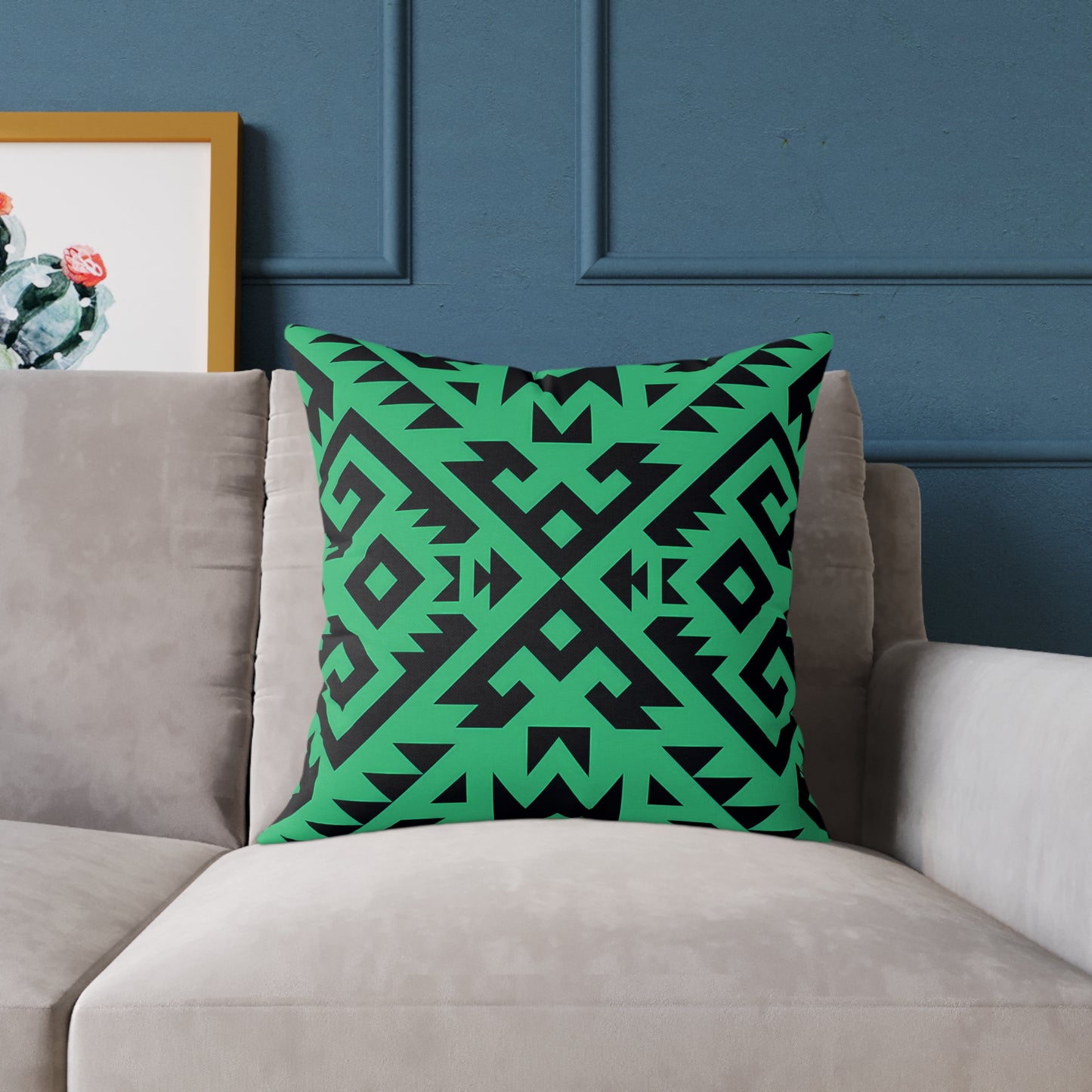 Green Boho Aztec Geometric Pattern Pillow | Square Poly Canvas Pillow