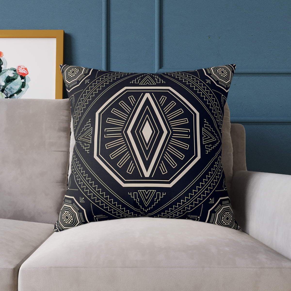 Geometric Black & Cream Tribal Medallion Square Pillow | Boho Aztec Pattern