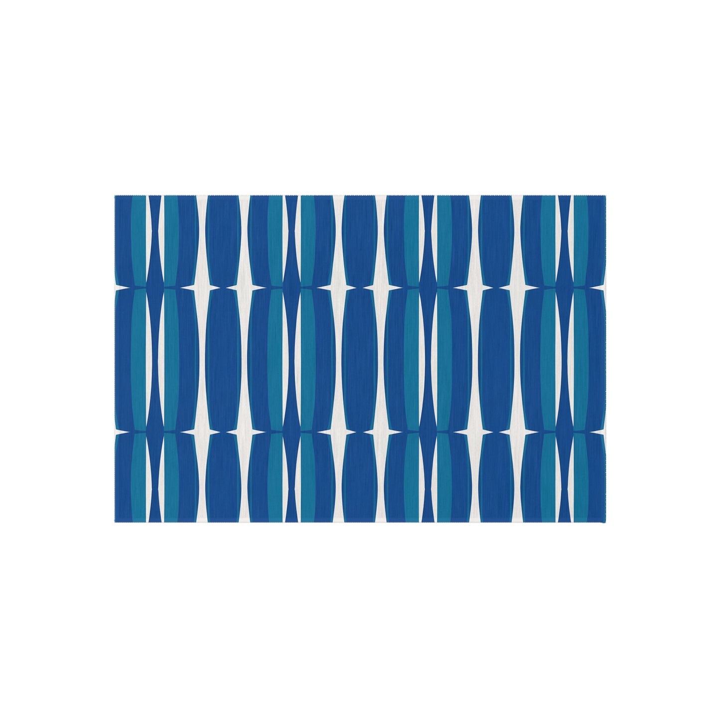 Blue White Mid-Century Geometric Outdoor Rug | Retro Teal Navy Pattern