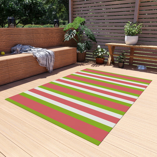 Striped Medium Pink Green White Outdoor/Indoor Rug | Patio Deck Mat