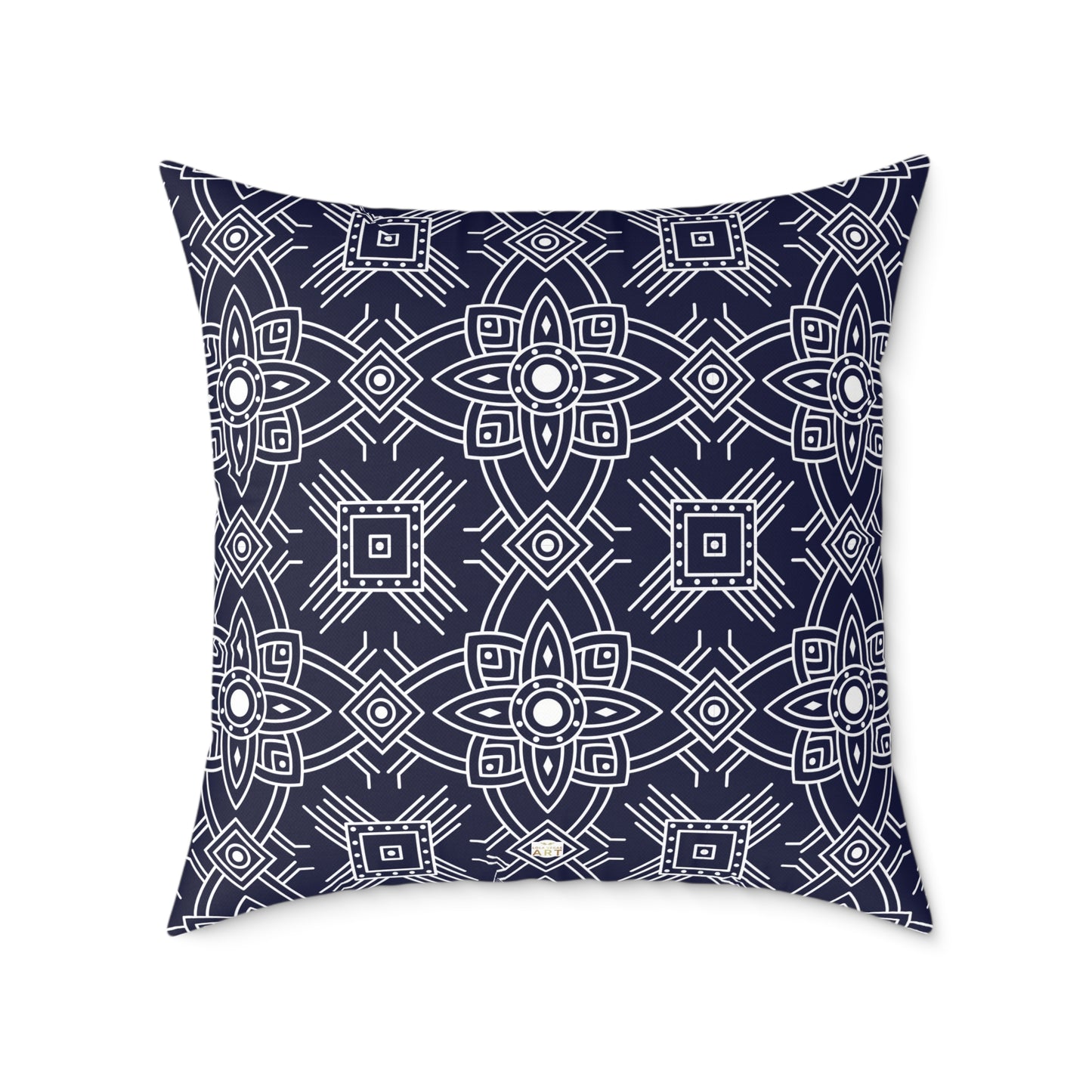 Navy White Geometric Mandala Square Pillow | Blue Pattern Throw Pillow