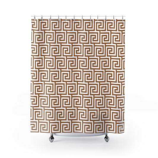 Light Brown and White Greek Key pattern Shower Curtain | Geometric Bathroom Decor Glam Bathroom Accessory