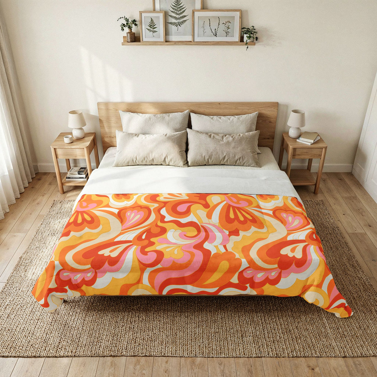 Retro Red Pink Orange Swirl Cotton Comforter | Psychedelic Floral Pattern