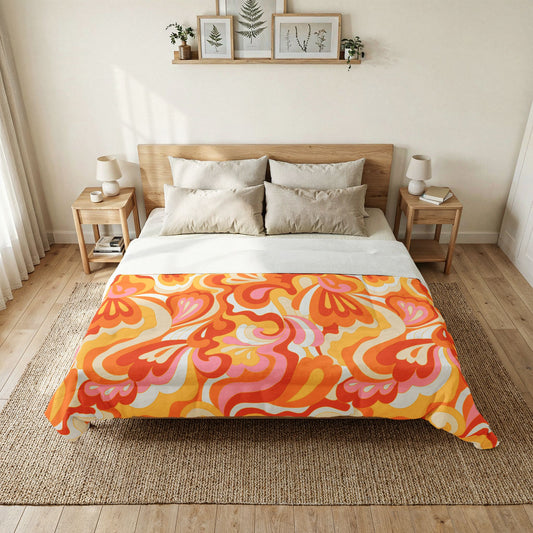 Retro Red Pink Orange Swirl Cotton Comforter | Psychedelic Floral Pattern