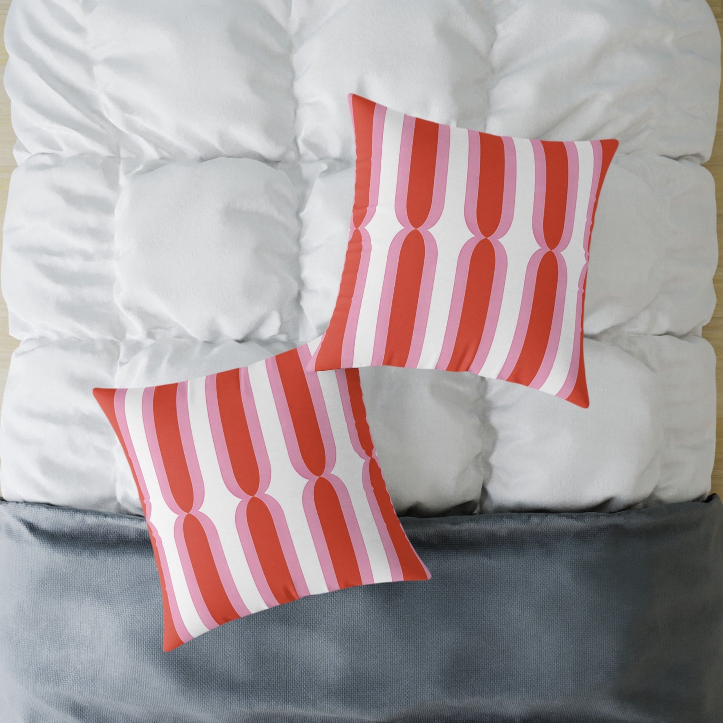 Retro Pink Orange Geometric Stripes Pillow | Square Poly Canvas Cushion