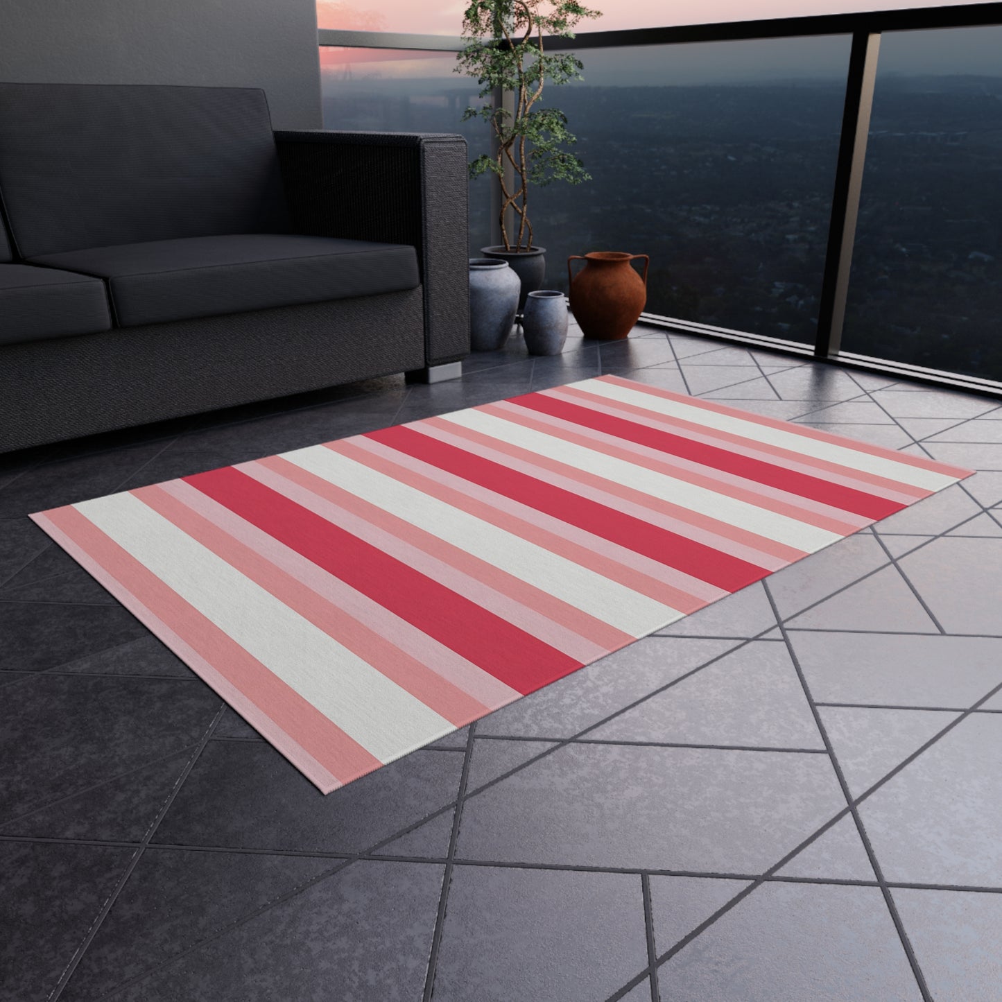 Pink White Striped Outdoor/Indoor Rug | Patio Mat, Red and Blush Stripes