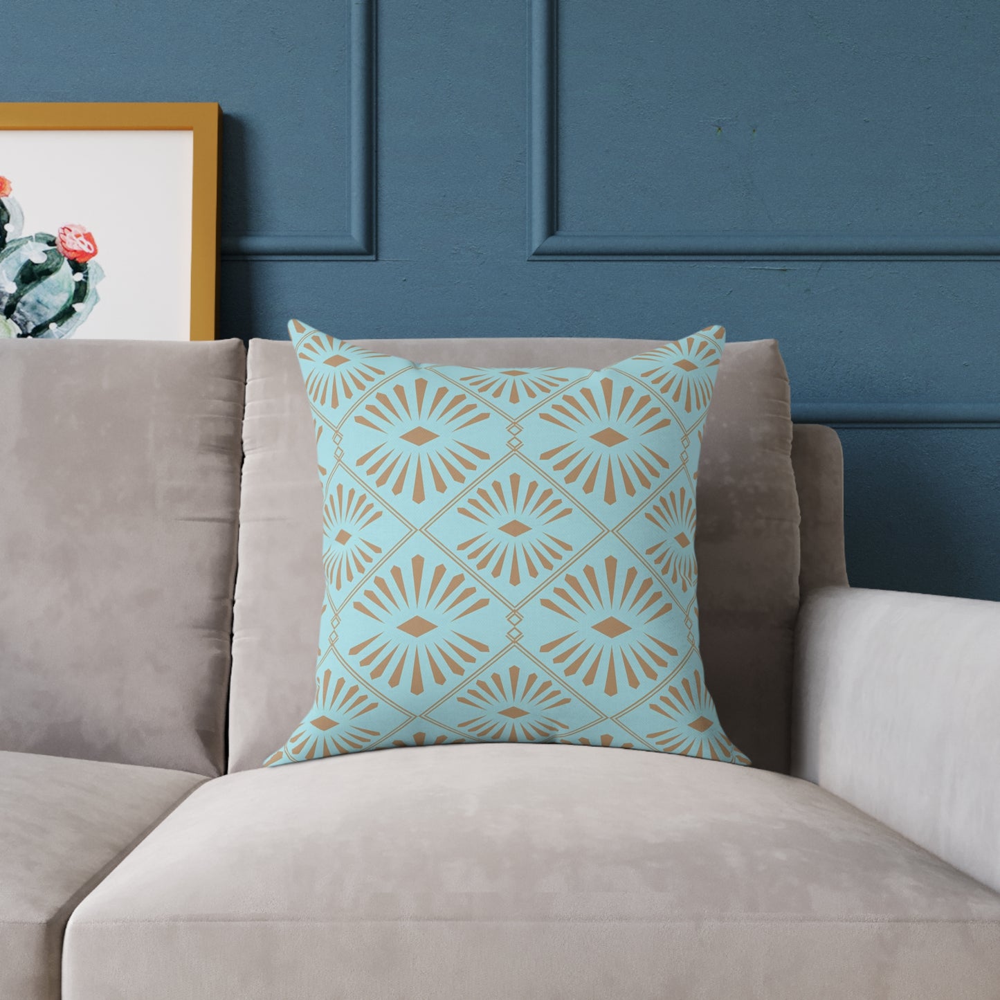 Dark Gold Geometric Fan Pattern Square Poly Canvas Pillow | Turquoise Throw Pillow