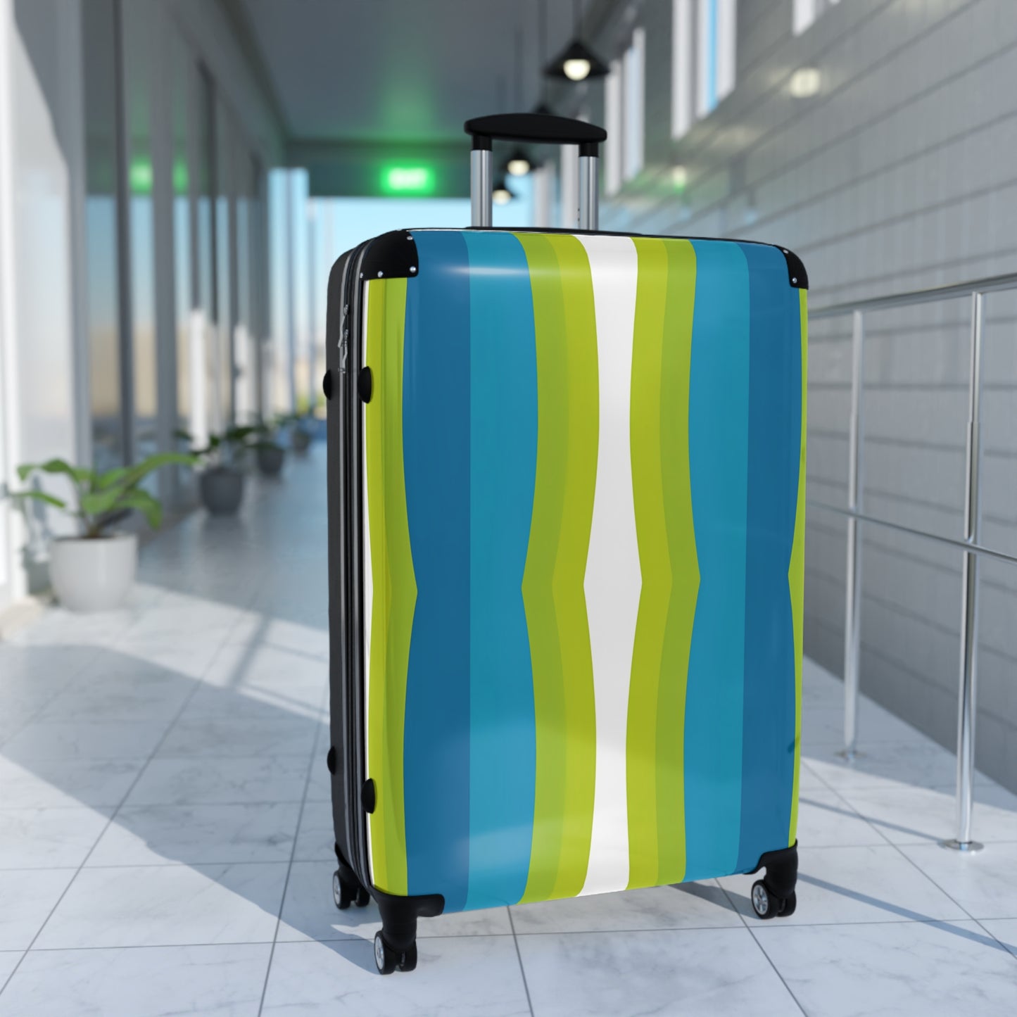 Blue Green Wave Stripe Suitcase | Travel Luggage
