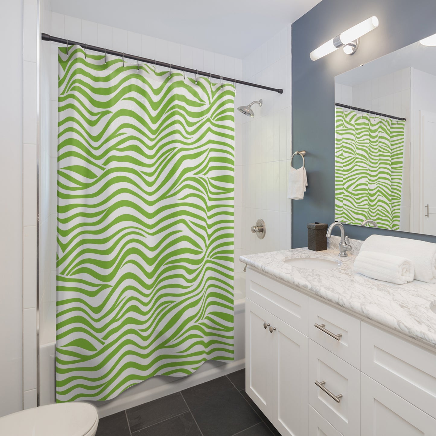 Green Wavy Stripes Shower Curtain | Abstract Wave Pattern, Tropical, Beachy Bathroom Decor