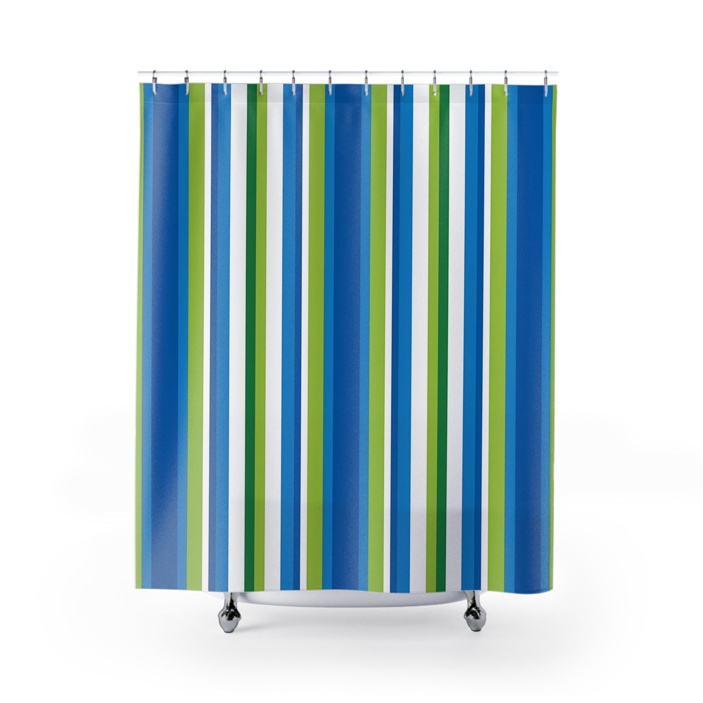 Blue Green Vertical Stripes Shower Curtain | Coastal Bathroom Curtain