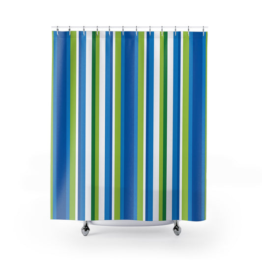 Blue Green Vertical Stripes Shower Curtain | Coastal Bathroom Curtain