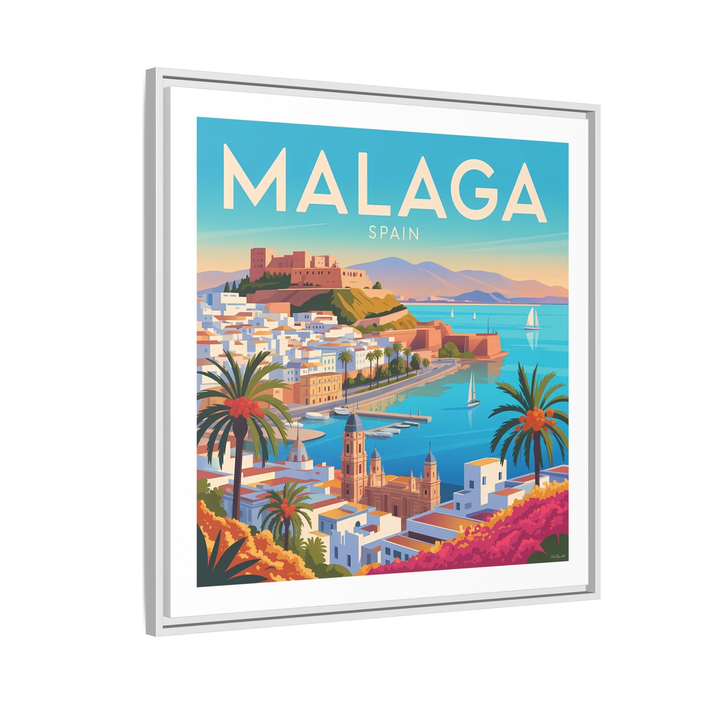 Malaga Spain Coastal  Matte Canvas Framed Wall Art| Vintage Style Travel Art
