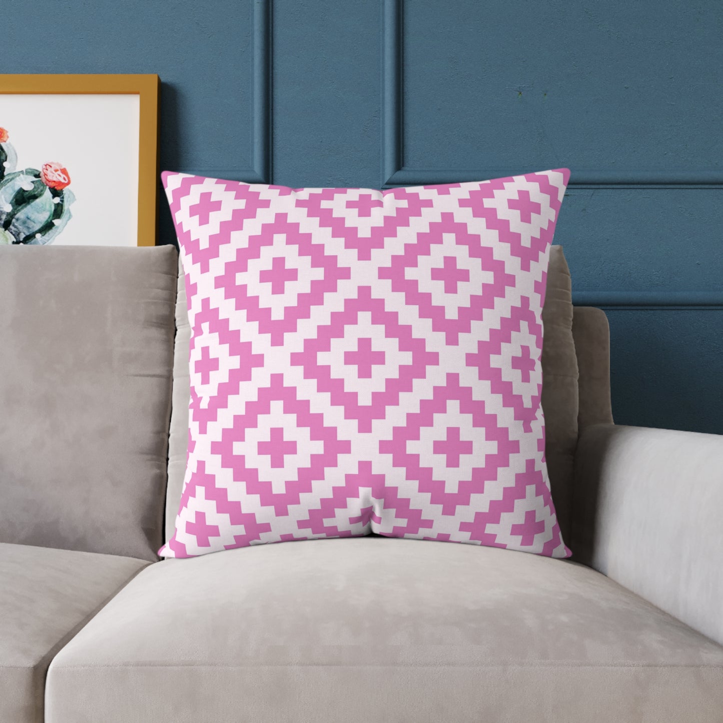 Pink White Geometric Boho Native American Diamond Pattern Pillow | Square Accent Cushion