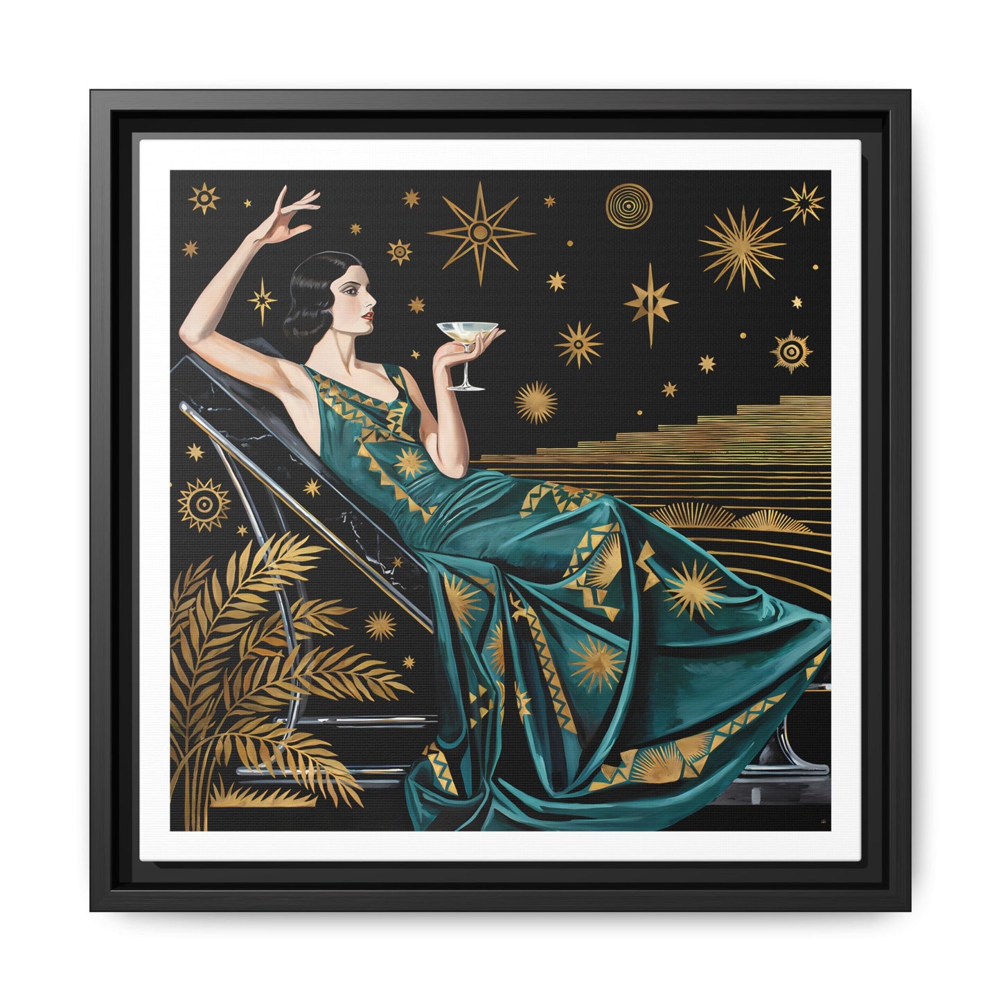 Art Deco Lady with Cocktail Matte Canvas Framed Wall Art