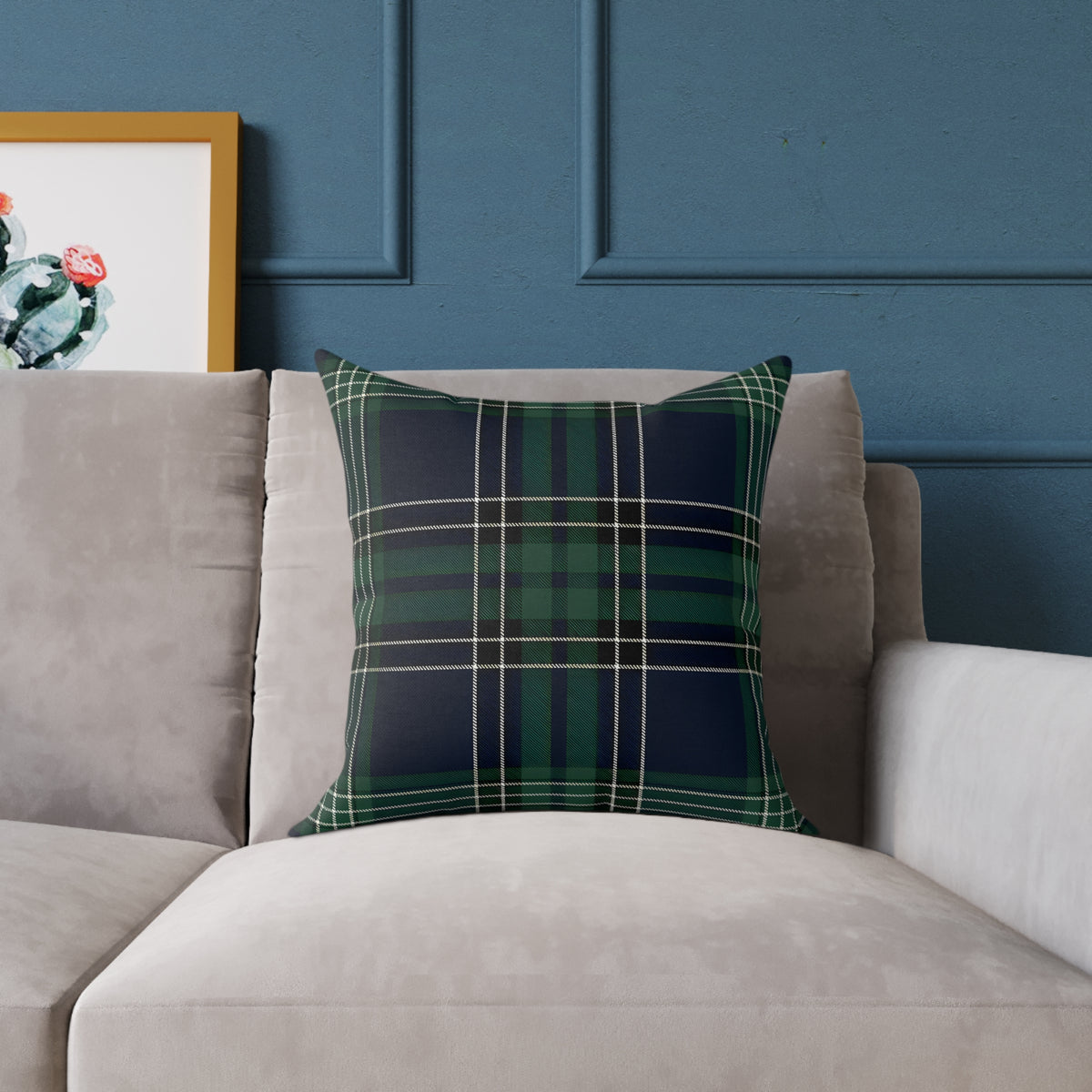 Green Navy White Tartan Plaid Square Poly Canvas Pillow | Woodland Plaid Throw Pillow