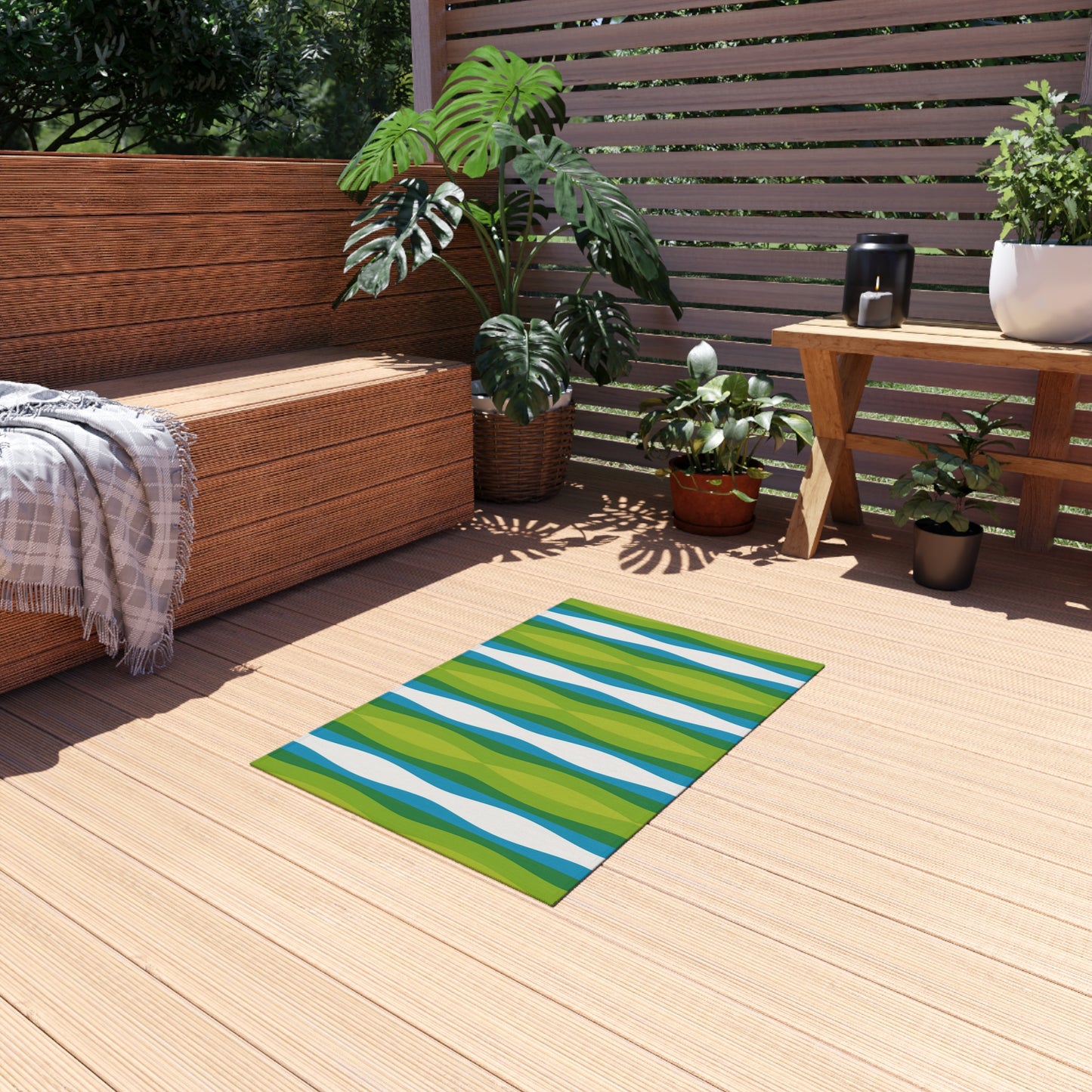 Green Blue White Wave Pattern Outdoor Rug | Striped Patio Mat