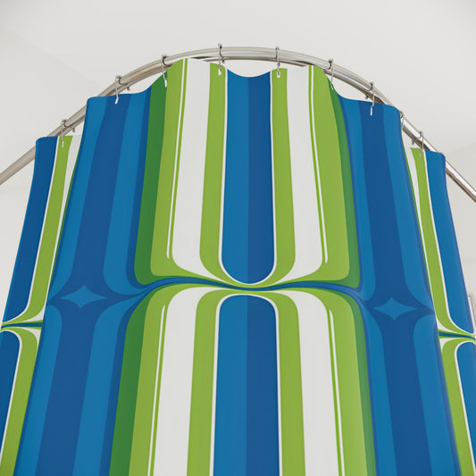 Retro Blue Green Geometric Shower Curtain | 70s Stripe Pattern