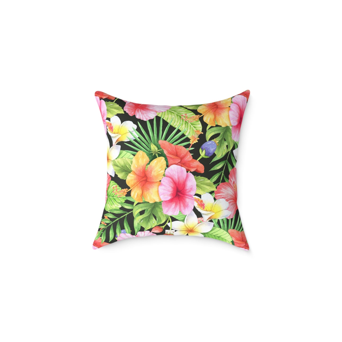 Tropical Pink Yellow Green Hibiscus Floral Square Pillow | Hawaiian Leaves Pattern