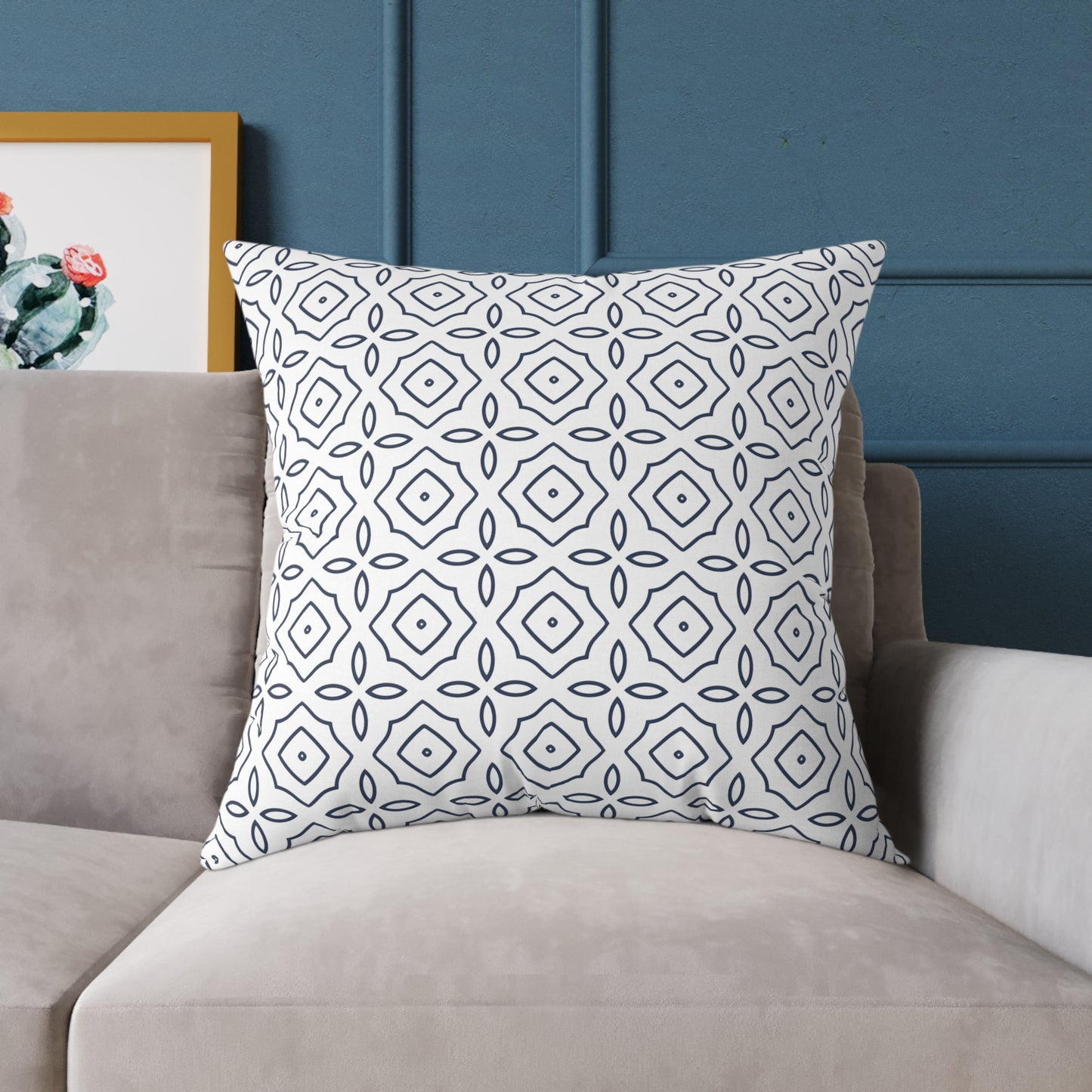Geometric Tile Pattern Square Pillow | Blue White Moroccan Motif, Decorative Cushion, Home Decor Accent, Gift for Housewarming, Sofa Decor