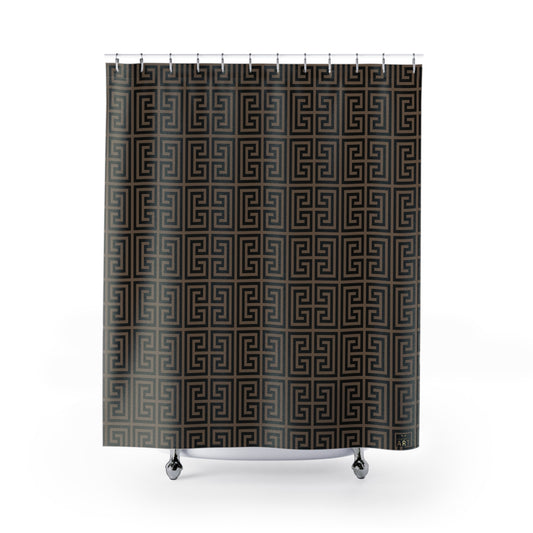 Geometric Greek Key Shower Curtain | Brown Black Maze Pattern, Classy Bathroom Accesory