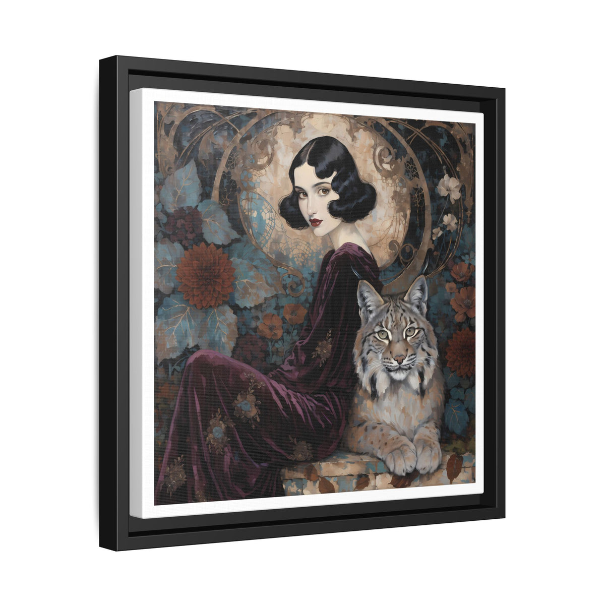Vintage Flapper Woman with Lynx Matte Canvas Framed