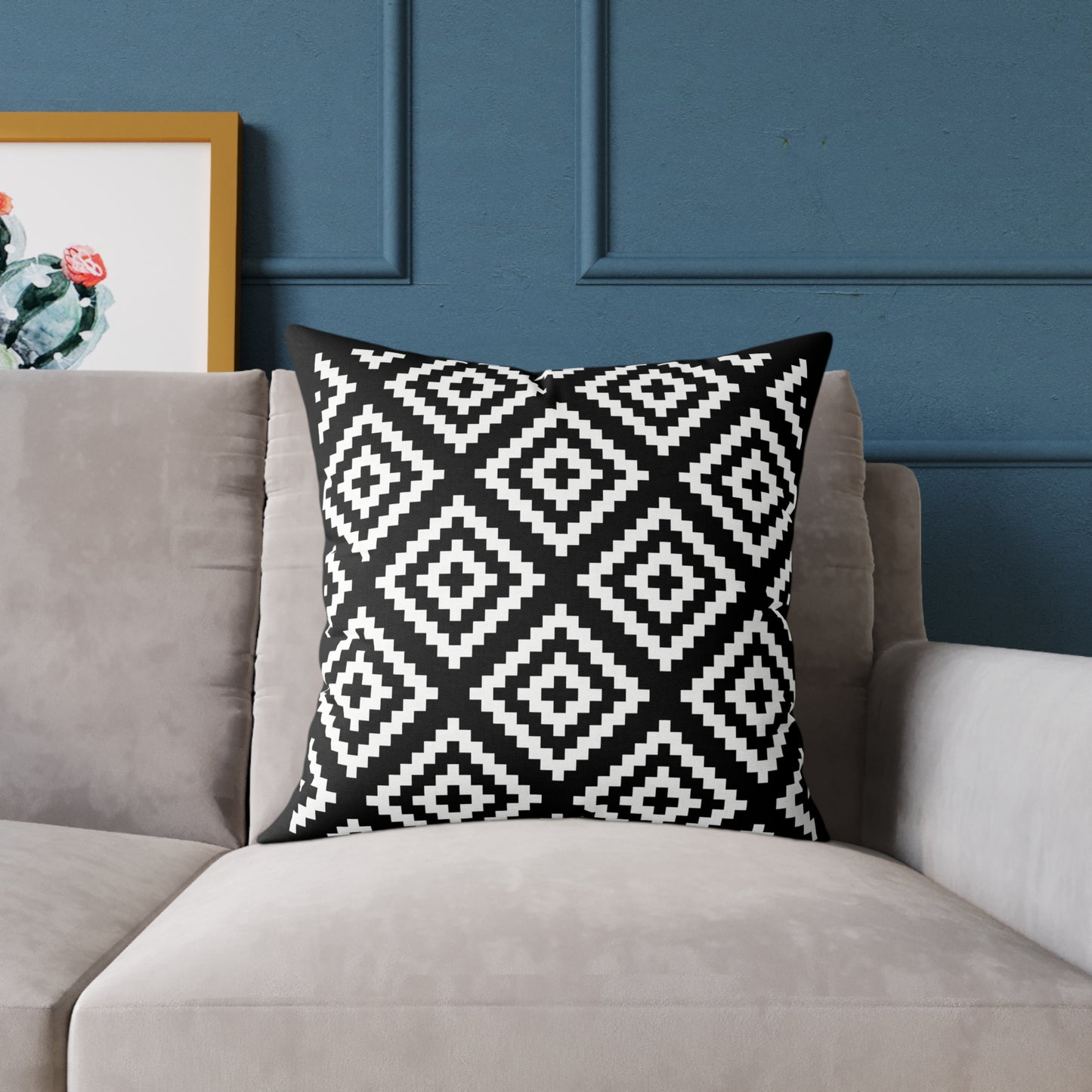 Black White Boho Native American Geometric Diamond Pattern Pillow | Square Poly Canvas Pillow
