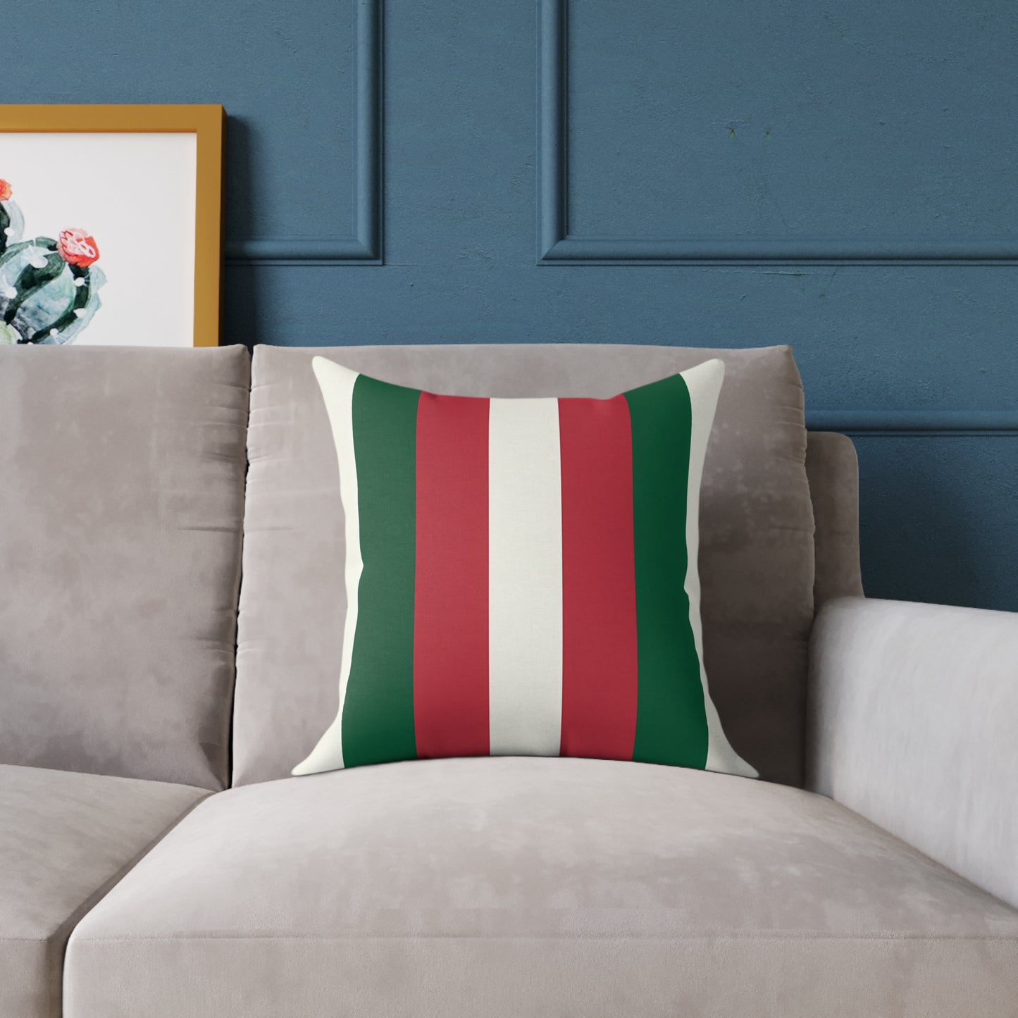 Green Red White Stripe Pillow | Square Poly Canvas Pillow