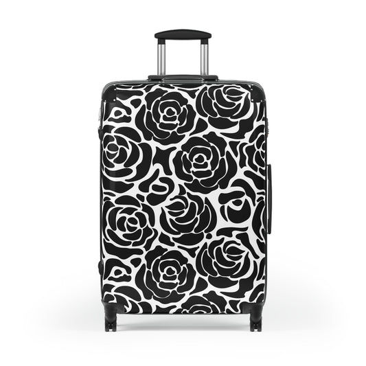 Black White Rose Pattern Suitcase | Floral Luggage