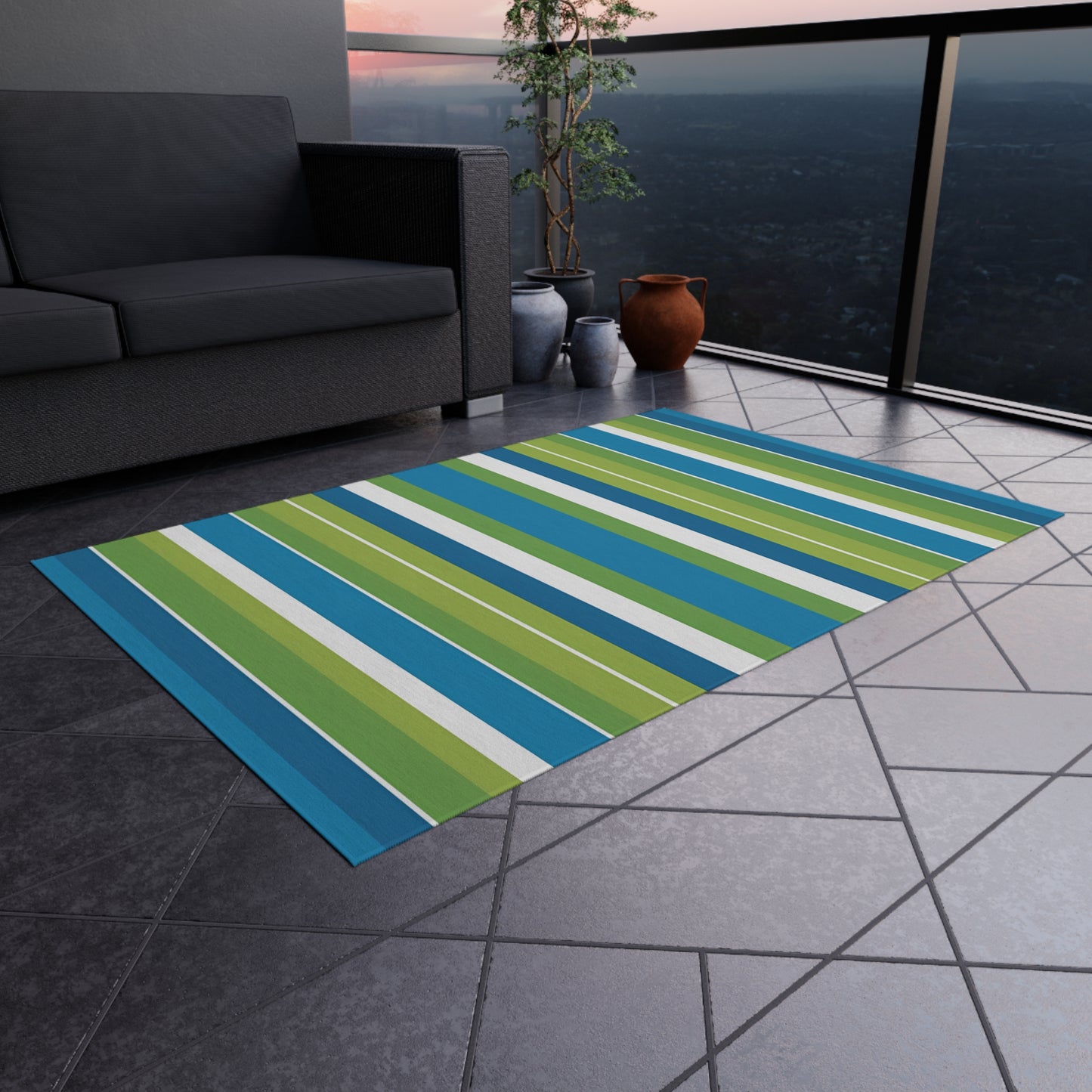 Blue Green Stripe Outdoor/Indoor Rug | Coastal Patio Floor Mat