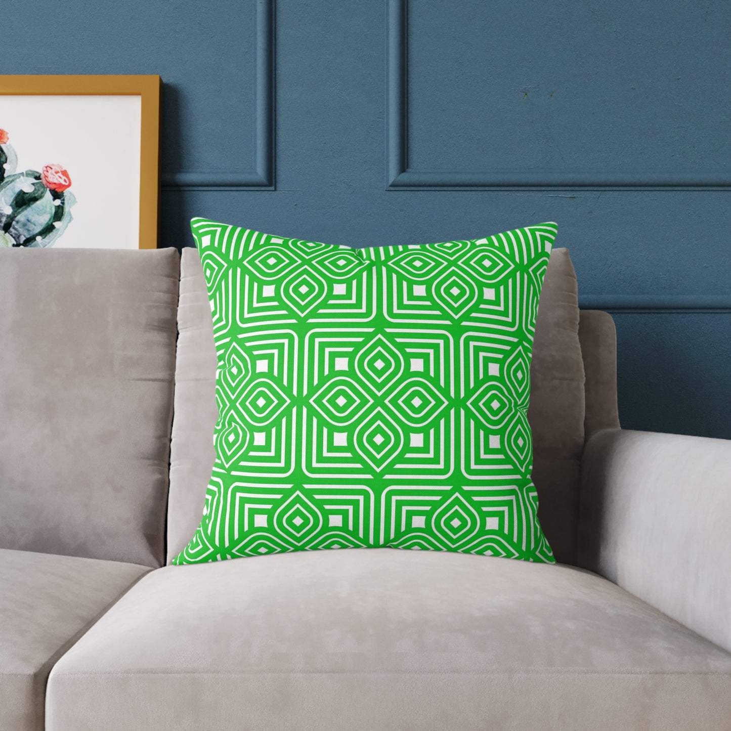 Geometric Diamond Tile Square Pillow | Green White Pattern Throw Pillow
