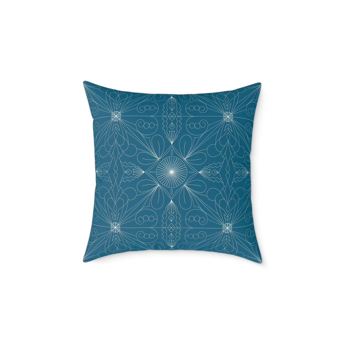 Teal Geometric Mandala Square Poly Canvas Pillow | Floral Star Pattern