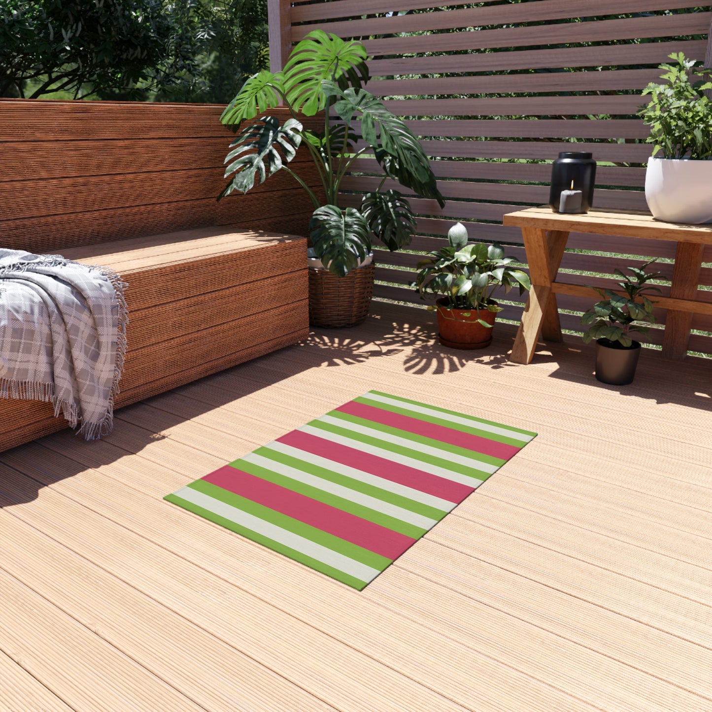 Watermelon Pink and Green Striped Outdoor Rug | Patio Mat