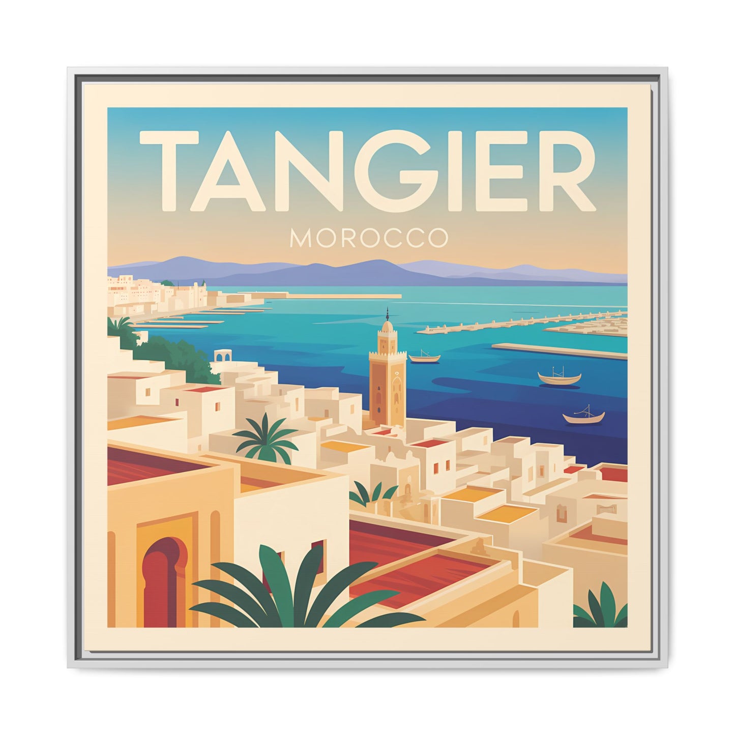Tangier Morocco Travel Framed Wall Art Matte Canvas | Vintage Style Coastal Wall Art