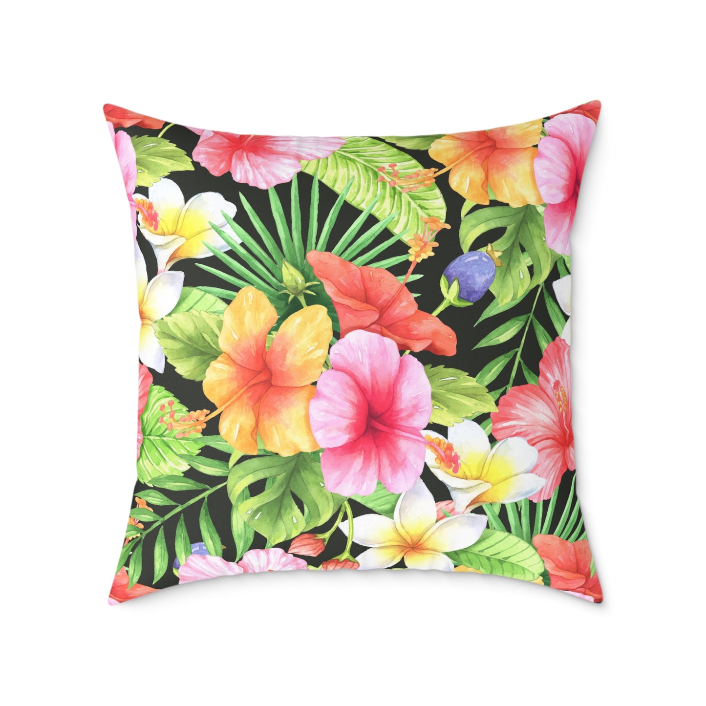 Tropical Pink Yellow Green Hibiscus Floral Square Pillow | Hawaiian Leaves Pattern
